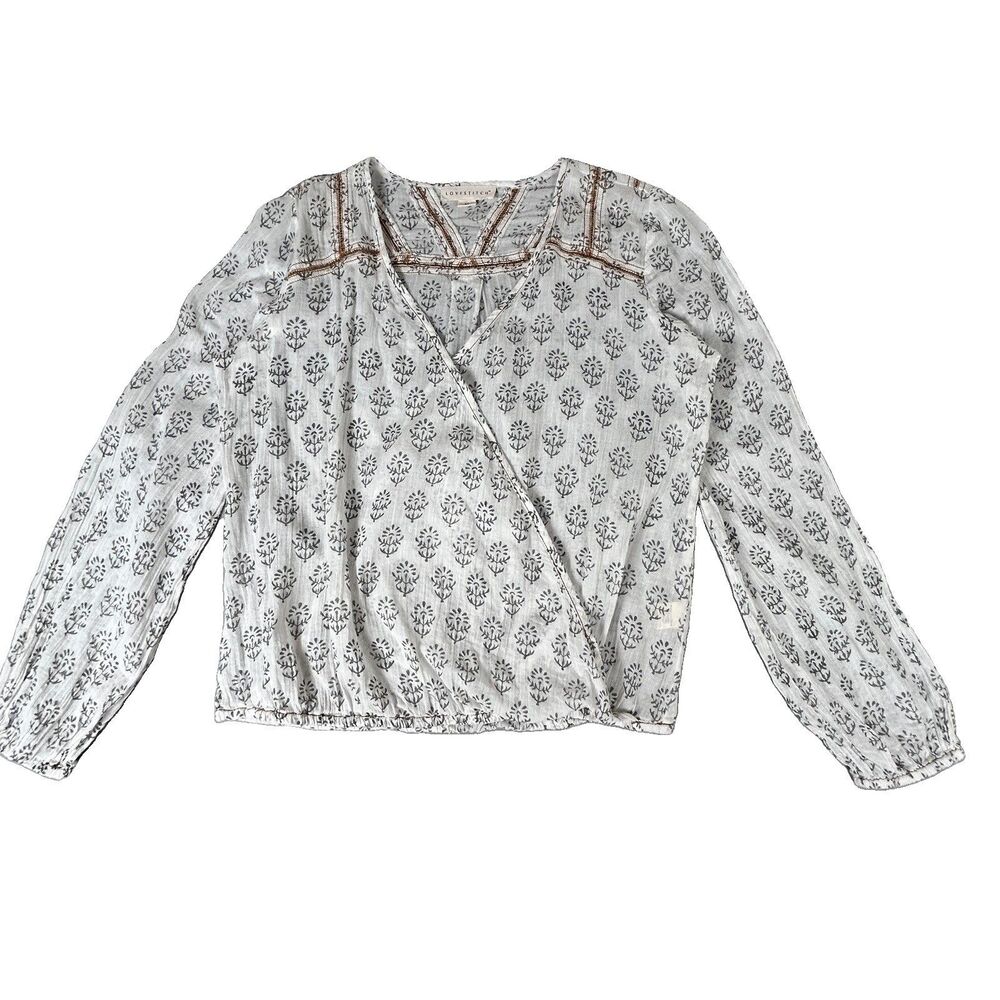 Lovestitch blouse sheer long sleeve printed cotton blouson top lace boho Sz M